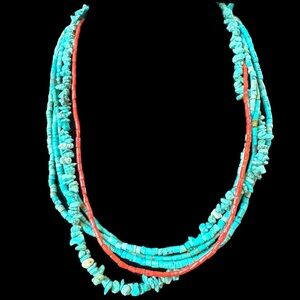 Vintage Sterling Silver Red Coral & Turquoise Artisan Crafted 5 Strand Necklace